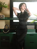 Modern Chinese Qipao, Chinese Cheongsam Dress, Evening Dresses, Ball Gowns, black jacquard qipao, mandarin collar