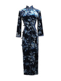 Traditional Chinese dress, Chinese Cheongsam Dress, black velvet qipao, Long Evening Dress, mandarin collar, 3/4 sleeve