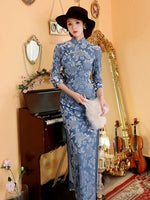 Modern Chinese Qipao, Chinese Cheongsam, light blue qipao, Ball Gowns, 3/4 sleeve floral Dress