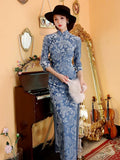 Modern Chinese Qipao, Chinese Cheongsam, light blue qipao, Ball Gowns, 3/4 sleeve floral Dress