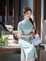 Modern Chinese Qipao, light green floral, Full length, mandarin collar