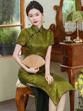 Modern Chinese qipao, mulberry silk Cheongsam, olive color, spring dress, mandarin collar