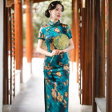 Qipao chinois moderne, Long Cheongsam, Qipao en soie, robe de soirée, robe de bal, qipao de couleur bleue