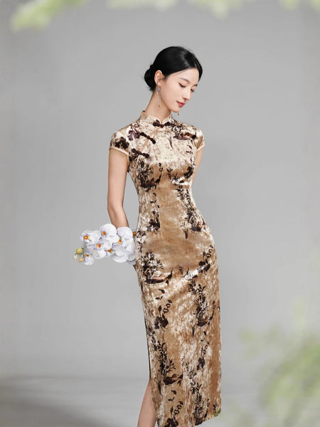Modern Chinese qipaochampagne color floral pattern, Evening Dress, Ba QipaoMood Modern Chinese qipaochampagne color floral pattern, Evening Dress, Ba QipaoMood