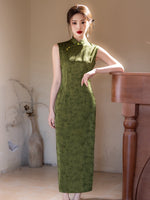 Modern Chinese Qipao, Cheongsam Dress, green color bamboo leave prints