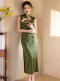 Modern Chinese Qipao, Cheongsam Dress, green color bamboo leave prints