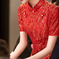 Traditional Chinese dress, Chinese Cheongsam, Chinese wedding dress, Tea ceremony, Red lace qipao,mandarin collar, A line