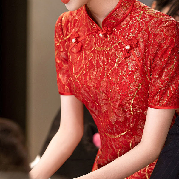 Traditional Chinese dress, Chinese Cheongsam, Chinese wedding dress, Tea ceremony, Red lace qipao