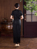 Modern Chinese Qipao, Long Cheongsam, Silk Qipao, Evening Dress, ball gown, black color, short sleeve
