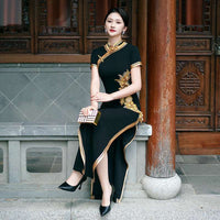 Custom make available, Traditional Chinese dress, embroidered Cheongsam, Chinese qipao, black gold color wedding qipao, minimalist design