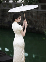 Modern Chinese qipao, Chinese Cheongsam, white jacquard dress, floral dress, Evening dress