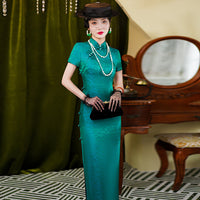 Qipao en soie moderne, cheongsam en soie de mûrier, robe de soirée, couleur vert foncé
