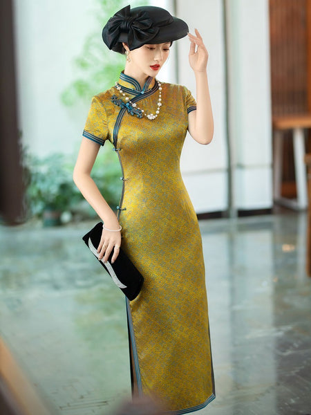Qipao chinois moderne, Long Cheongsam, Qipao en soie, robe de soirée, robe de bal, qipao Jacquard doré