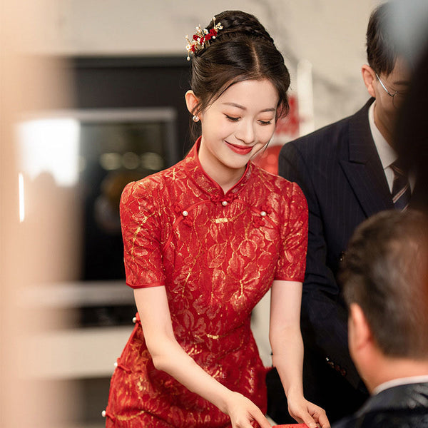 red chinese wedding dress Red Qipao Cheongsam Bridal Lace Dress, L