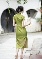 Modern Chinese Qipao dress, Mulberry Silk cheongsam, avocado color, casual dress