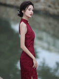 Traditional Chinese dress, Cheongsam Dress, Evening Dress, wine red jacquard, halter neck