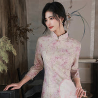 Traditional Chinese dress, Cheongsam Dress, Kneelength Qipao, breathable Summer Qipao, light pink Floral prints, mandarin collar
