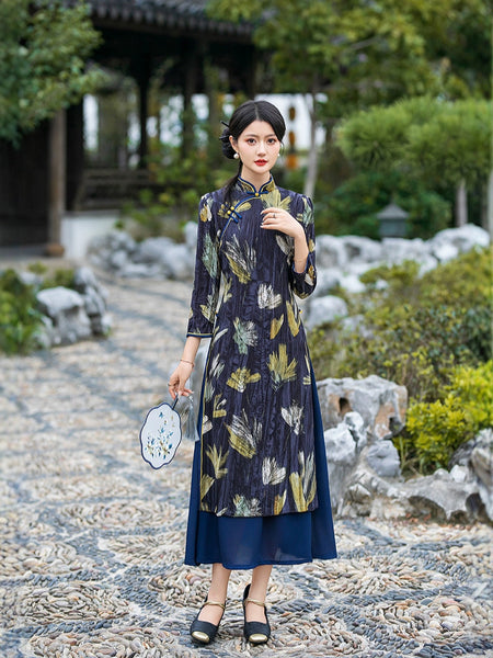 Modern Chinese Dress, Navy Blue AO Dai, Flower Pattern 3X Modern Chinese Dress, Navy Blue AO Dai, Flower Pattern 3X