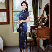 Qipao chinois moderne, cheongsam en soie de mûrier, robe de soirée, qipao couleur indigo