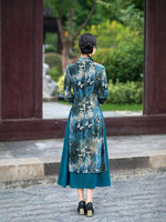 Modern Aodai, blue aodai qipao, flower pattern