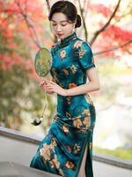 Qipao chinois moderne, Long Cheongsam, Qipao en soie, robe de soirée, robe de bal, qipao de couleur bleue