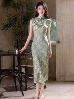 Modern Chinese Qipao, Chinese Cheongsam Dress, Ball Gowns, sleeveless, light green color