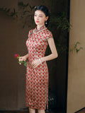 Mulberry Silk cheongsam, red cherry pattern, kneelength dress, casual qipao, summer qipao