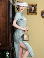 Modern Chinese Qipao, Long Cheongsam, Silk Qipao, Evening Dress, ball gown, light blue jacquard qipao