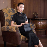 Modern Chinese Qipao, Long Cheongsam, Silk Qipao, Evening Dress, ball gown, black color, short sleeve