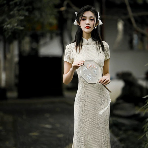 cream color lace qipao, mermaid style dress cream color lace qipao, mermaid style dress