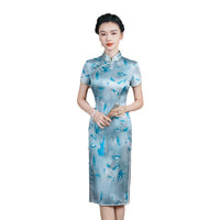 Modeen Chinese Qipao dress, Mulberry Silk cheongsam,  kneelength dress, light blue color