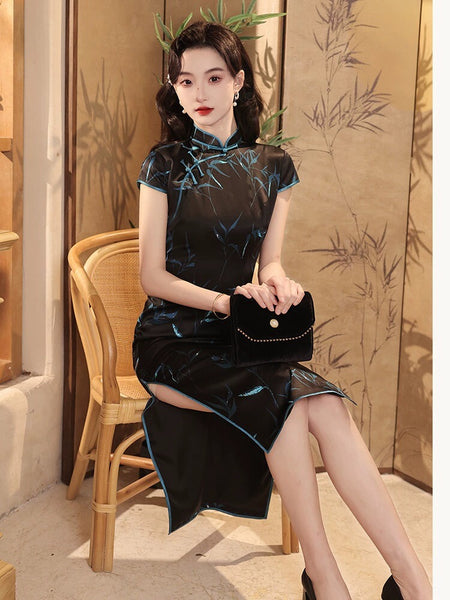 black qipao dress Modern Chinese qipao, Cheongsam Dress, Evening Dress, bamboo leaves jacquard M and cultural celebrations Modern Chinese qipao, mulberry silk
