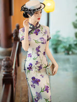 Qipao chinois moderne, cheongsam en soie de mûrier, robe jusqu'aux genoux, couleur florale violette
