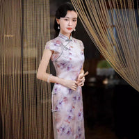Kostenlose Änderung, traditionelles chinesisches Qipao-Kleid, Cheongsam aus Maulbeerseide, Abendkleid, lila Farbe, Stehkragen