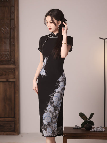 Modern qipao, Chinese Cheongsam, black color qipao, Evening Dress, floral prints, spring summer dress