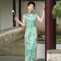 Modern Chinese Qipao, Chinese Cheongsam Dress, Ball Gowns, short sleeve, green floral