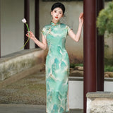 Modern Chinese Qipao, Chinese Cheongsam Dress, Ball Gowns, short sleeve, green floral