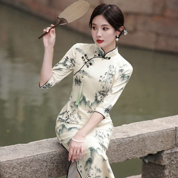 Modern Chinese Qipao, Chinese Cheongsam Dress, Evening Dresses, Ball Gowns, floral Dresses, 3/4 sleeve 3XL