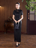 Modern Chinese Qipao, Long Cheongsam, Silk Qipao, Evening Dress, ball gown, black color, short sleeve