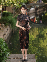 Traditional Chinese dress, China Cheongsam, black floral qipao, short sleeve, kneelength qipao