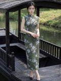 Modern Chinese Qipao, Chinese Cheongsam Dress, Ball Gowns, sleeveless, green color