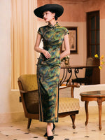 Mulberry Silk cheongsam, green color, event dress, floral print