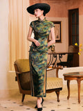 Mulberry Silk cheongsam, green color, event dress, floral print