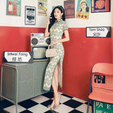 Modern Chinese Qipao dress, Evening Dress, ball gown, light green plaid qipao