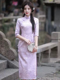 Kostenlose Änderung, traditionelles chinesisches Qipao-Kleid, Abendkleid, lange Länge, Stehkragen, hellviolette Farbe, 3/4-Ärmel
