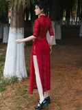 Chinese Cheongsam, red color dress, dance qipao, Ball Gown, floral print, Mandarin collar