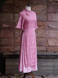 Modern Aodai, Knee length Cheongsam, aodai qipao, flower pattern, pink qipao