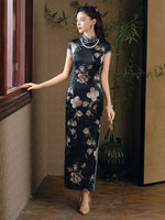 Traditionelles chinesisches Kleid, langes Cheongsam, Seiden-Qipao, Abendkleid, Ballkleid, schwarze Blumenfarbe, kurze Ärmel, Stehkragen