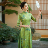 Traditional Chinese dress, green Ao Dai, flower pattern, mandarin collar, 3/4 sleeve