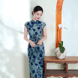 Modern Chinese qipao, Chinese Cheongsam, Blue floral qipao, Ball Gowns, mandarin collar